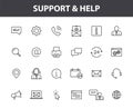 Set of 24 Support and Help web icons in line style. Assistance, email, customer, 24 hrs, service, contact. Vector Royalty Free Stock Photo