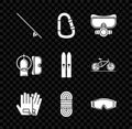 Set Surfboard, Carabiner, Diving mask, Gloves, Climber rope, Ski goggles, and aqualung and sticks icon. Vector