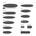 Set of surfboard types, silhouettes in scale