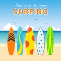 Set surfboards, different designs on beach. Summer sport surfing board