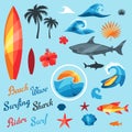 Set of surfing design elements and objects