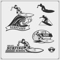 Windsurfing emblem and label.Set of different surfboards. Vector illustration. Surfing emblems, icons and labels.Set of surfing em