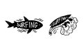 Set of Surfing Logo Design, Surf Club Monochrome Labels and Emblems Vector Illustratio Royalty Free Stock Photo