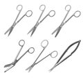 Set of surgical articulated scissors with various blade shapes and different purposes. Vector illustration