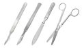 A set of surgical cutting tools. Reusable all-metal scalpel, delicate pointed scalpel with removable blade, amputation