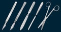 A set of surgical cutting tools. Reusable scalpel, delicate scalpel with removable blade, amputation knife Liston