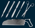 A set of surgical cutting tools. Reusable scalpel, delicate scalpel with removable blade, amputation knife Liston