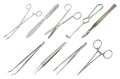 Set of surgical instruments. Different types of tweezers, scalpel, Liston s amputation knife, clip with fastener