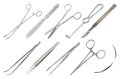 Set of surgical instruments. Different types of tweezers, scalpel, Liston s amputation knife, clip with fastener