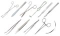 Set of surgical instruments. Different types of tweezers, scalpels, Liston s amputation knife, clip with fastener