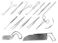 A set of surgical instruments. Tweezers, scalpels, Liston s amputation knife, clamp, scissors, Folkman hook, Meyer