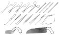 Set of surgical instruments. Tweezers, scalpels, Liston s amputation knife, clamp, scissors, Folkman hook, Meyer forceps