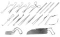 Set of surgical instruments. Tweezers, scalpels, Liston s amputation knife, clamp, scissors, Folkman hook, Meyer forceps, needle,