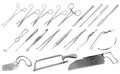 Set of surgical instruments. Tweezers, scalpels, Liston s knife, clamp, scissors, Folkman hook, Meyer forceps, needle