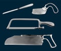 Set of surgical saws. Charriere Bone Saw, Plaster saw Bergman, Satterlee Bone Saw, Metacarpal saw Langenbeck. Manual