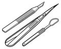 A set of surgical tools including a scalpel and forceps Royalty Free Stock Photo