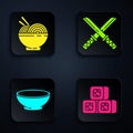 Set Sushi, Asian noodles in bowl and chopsticks, Bowl of hot soup and Traditional Japanese katana. Black square button Royalty Free Stock Photo