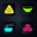 Set Sushi, Sushi, Asian noodles in bowl and chopsticks and Bowl of hot soup. Black square button. Vector Royalty Free Stock Photo