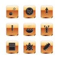 Set Sushi, Canned fish, Turtle, Fish soup, Takoyaki on stick, Octopus, Sea cucumber and Caviar plate icon. Vector