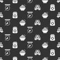 Set Sushi on cutting board, Jar of honey, Gong and Asian noodles in bowl on seamless pattern. Vector.