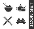 Set Sushi on cutting board, Rice in a bowl with chopstick, Traditional Japanese katana and Japanese tea ceremony icon Royalty Free Stock Photo