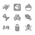 Set Sushi on cutting board, Sea cucumber jar, Octopus, Tropical fish, Fish tail, Caviar and icon. Vector