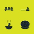 Set Sushi on cutting board, Shell with pearl, Soup octopus and Caviar spoon icon. Vector