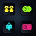 Set Sushi, Geta traditional Japanese shoes, Japanese paper lantern and Sushi. Black square button. Vector
