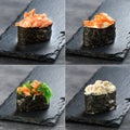 Set sushi gunkan and temaki from salmon, tuna, chukka on black background. Traditional Japanese cuisine Royalty Free Stock Photo