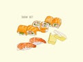 set of sushi , japanese food . hand drawn water color sketch vector.