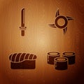 Set Sushi, Japanese katana, Sushi and Japanese ninja shuriken on wooden background. Vector