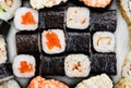 Set of sushi, maki, gunkan and rolls with salmon Royalty Free Stock Photo