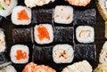 Set of sushi, maki, gunkan and rolls with salmon Royalty Free Stock Photo