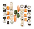 Set of sushi, maki and rolls isolated on white background Royalty Free Stock Photo