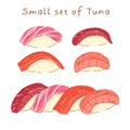A set of sushi nigiri with tuna on the side and in a row, different parts of raw fatty tuna on rice. Royalty Free Stock Photo