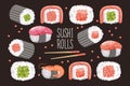 Set of sushi rolls and chopsticks on a dark background. Asian food icons, restaurant menu Royalty Free Stock Photo