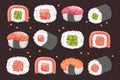 Set of sushi rolls and chopsticks on a dark background. Asian food icons, restaurant menu Royalty Free Stock Photo