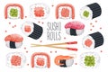 Set of sushi rolls and chopsticks on a white background. Asian food icons, restaurant menu Royalty Free Stock Photo