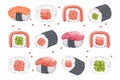 Set of sushi rolls and chopsticks on a white background. Asian food icons, restaurant menu Royalty Free Stock Photo