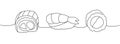 Set of sushi rolls. Japanese cuisine, traditional food one line drawing. Philadelphia roll, shrimp nigiri, ebi sushi Royalty Free Stock Photo