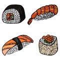 Set of sushi rolls. Japanese food. Hand drawn vector illustration, the concept of delivery, a healthy diet, organic food Royalty Free Stock Photo