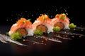 Set of sushi rolls with salmon, avocado, cream cheese. Sushi menu. Japanese food. Generative AI