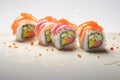 Set of sushi rolls with salmon, avocado, cream cheese. Sushi menu. Japanese food. Generative AI