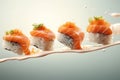 Set of sushi rolls with salmon, avocado, cream cheese. Sushi menu. Japanese food. Generative AI