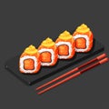 Set of sushi rolls with salmon, creamy cheese. Philadelphia rolls in stone tray with wooden chopsticks