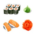 Set of sushi and rolls with salmon. hand drawn illustration islated on white background. Vector