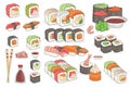 Set of sushi, rolls, wasabi, soy sauce, ginger, chopsticks. Traditional japanese seafood dishes. Hand drawn elements for Royalty Free Stock Photo