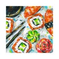A set of sushi, rolls, wasabi, soy sauce, ginger. Traditional Asian cuisine. Acrylic painting card for design and print.