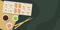 Set of sushi and rolls on a wooden Board with soy sauce, wasabi and ginger. Japanese food. Vector template with space for text