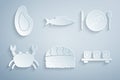 Set Sushi, Served fish on a plate, Crab, cutting board, Fish and Mussel icon. Vector